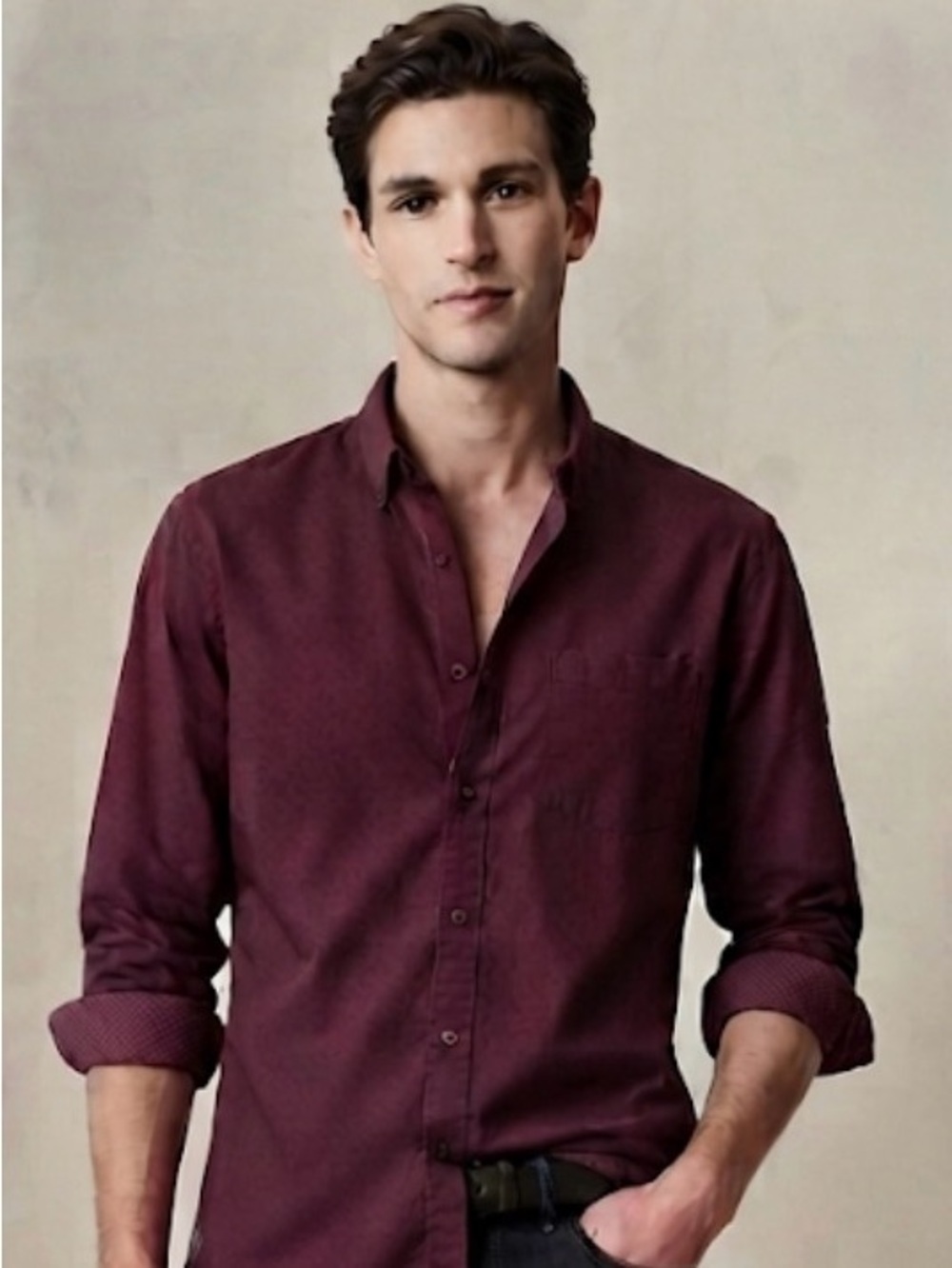 Banana Republic Maroon Organic Cotton Oxford Shirt Size L untucked office ready
